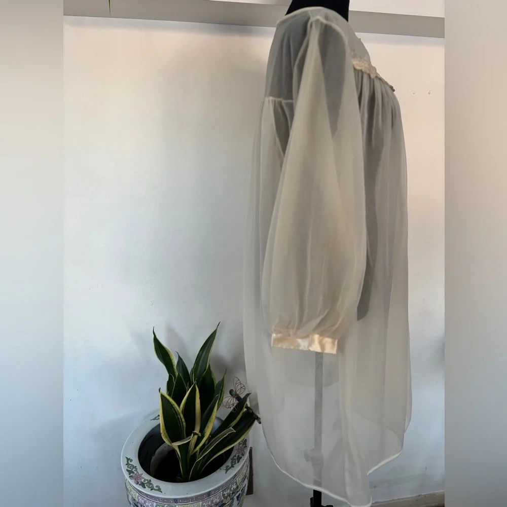 Vintage Gilead Peignoir embroidered coquette Satin Sheer Boudoir Robe Size Large - Picture 3 of 6